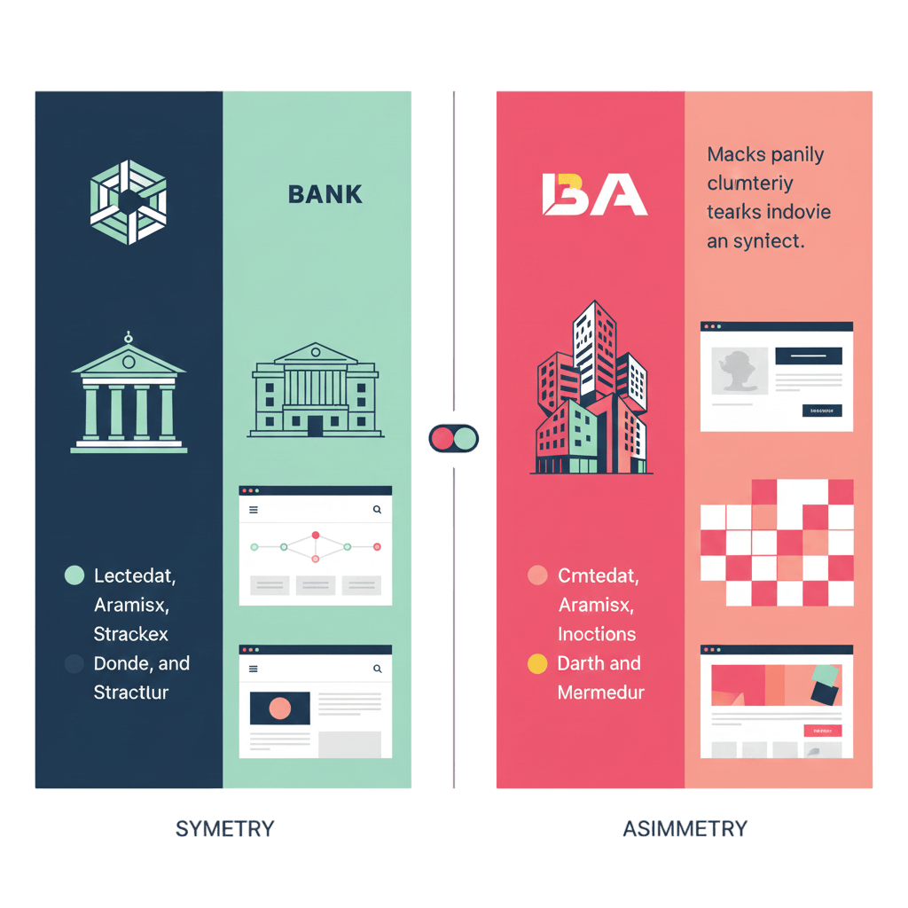 مقایسه بصری دو طرح: سمت جپ با تقارن کامل (آرامش) و سمت راست با عدم‌تقارن و عناصر نامنظم (پویایی و هیجان)