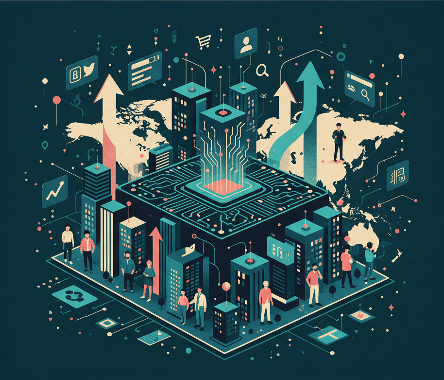 مقایسه بصری بازاریابی سنتی (بیلبورد، تلویزیون، روزنامه) و بازاریابی دیجیتال با نمایش چیپ ست مرکزی و شبکه‌ای از ابزارهای آنلاین