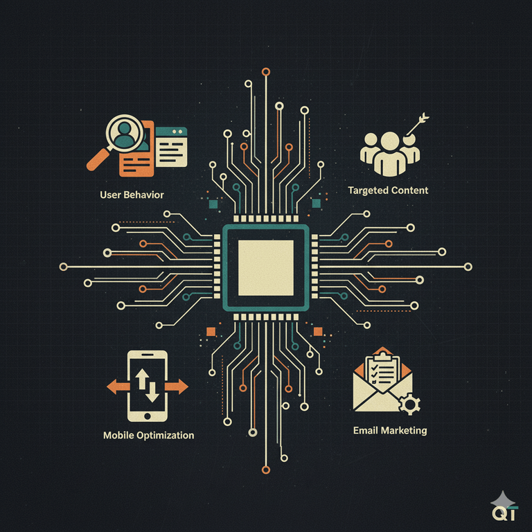 چیپ ست مرکزی متصل به نمادهایی چون رفتار کاربر، بهینه‌سازی موبایل، محتوای هدفمند و استراتژی بهینه، نشان‌دهنده حل مشکلات کسب‌وکار از طریق داده.