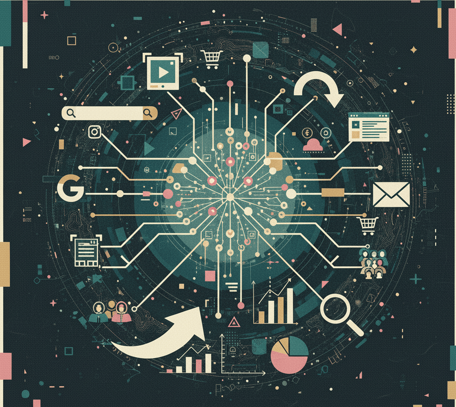 تصویر مفهوم دیجیتال مارکتینگ، شامل ارتباطات گسترده و ابزارهای آنلاین در شبکه‌های اجتماعی و جستجو.