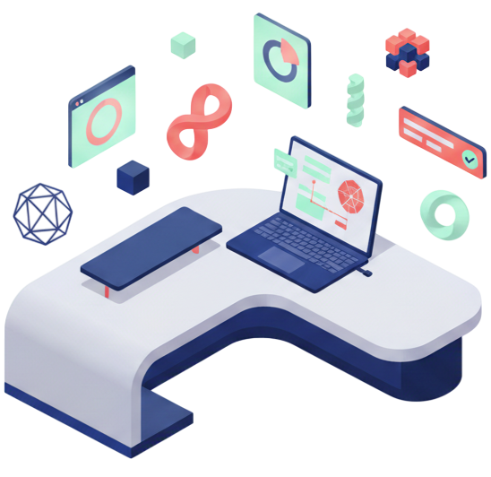 نمایش گرافیکی محیط طراحی وب که برای صفحه درباره استودیو کیوتی شخصی سازی شده است.