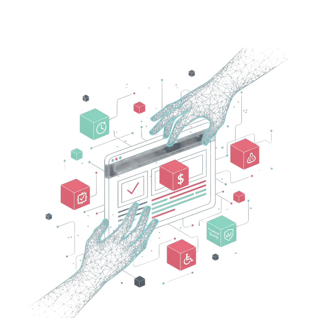 دست‌هایی در حال ساخت وب‌سایت با استفاده از بلوک‌های پلاگین که نماد صرفه‌جویی در زمان، کاهش هزینه و افزایش کیفیت سایت هستند.